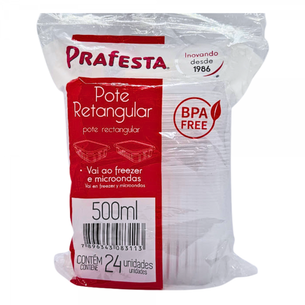 Pote plástico retangular freezer e microondas 500ml Prafesta