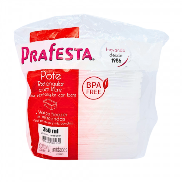 Pote plástico retangular freezer e microondas com lacre 350ml Prafesta