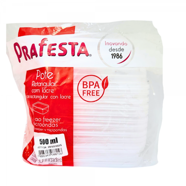 Pote plástico retangular freezer e microondas com lacre 500ml Prafesta
