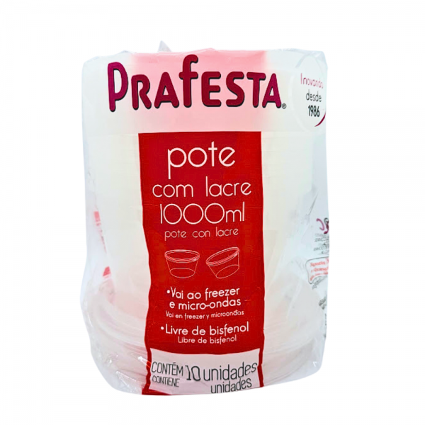 Pote plástico redondo freezer e microondas com lacre 1000ml Prafesta