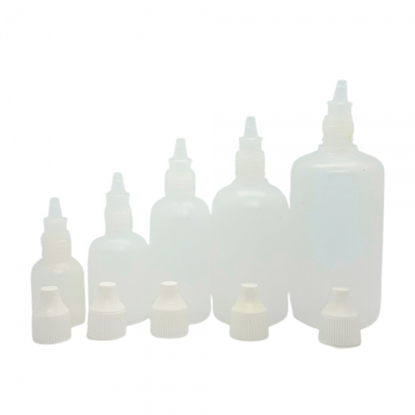 Frasco plástico translúcido com bico conta gotas e tampa lacre (Vários Tamanhos: 10ml a 100ml)